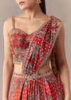 Maroon Ajrakh Pre Draped Saree Set With Mirror Work Blouse