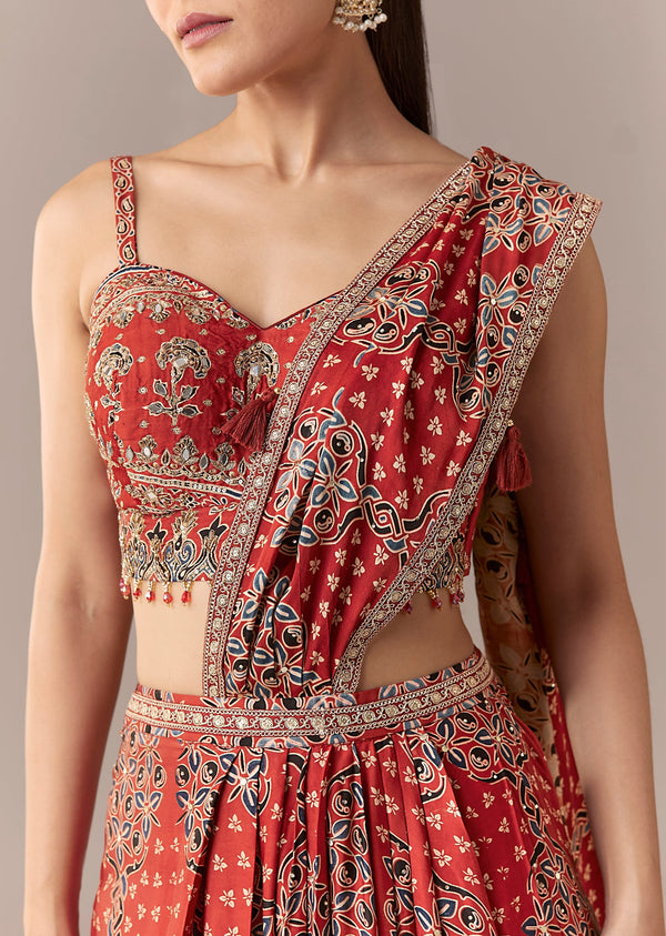 Maroon Ajrakh Pre Draped Saree Set With Mirror Work Blouse