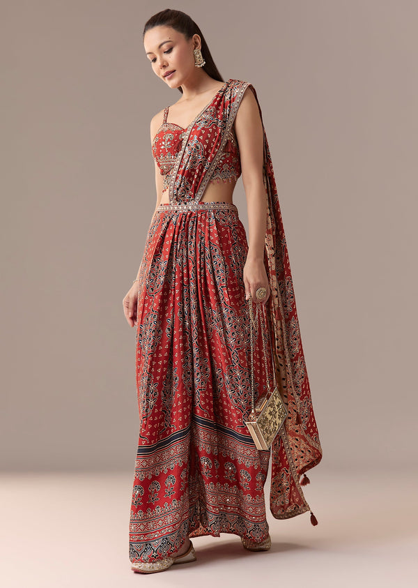 Maroon Ajrakh Pre Draped Saree Set With Mirror Work Blouse