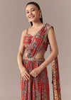 Maroon Ajrakh Pre Draped Saree Set With Mirror Work Blouse
