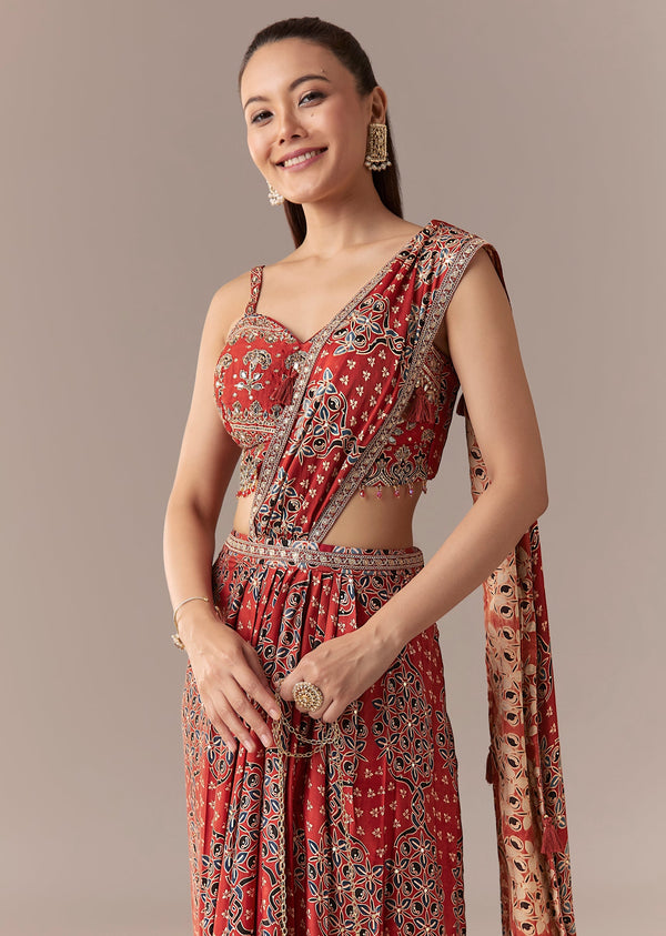Maroon Ajrakh Pre Draped Saree Set With Mirror Work Blouse