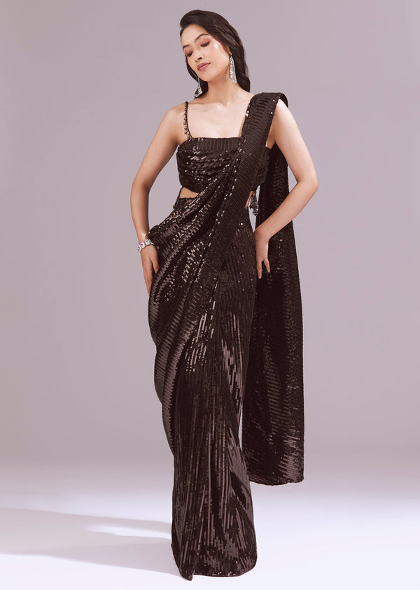 Maroon Ready Pleated Sequin Saree Set