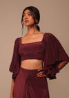 Maroon Indo-western Creep Saree Set With Embroidered Belt