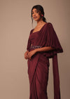 Maroon Indo-western Creep Saree Set With Embroidered Belt