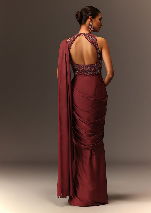 Masala Maroon Net Satin Draped Saree With Hand Embroidered Blouse