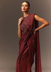 Masala Maroon Net Satin Draped Saree With Hand Embroidered Blouse