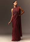 Masala Maroon Net Satin Draped Saree With Hand Embroidered Blouse
