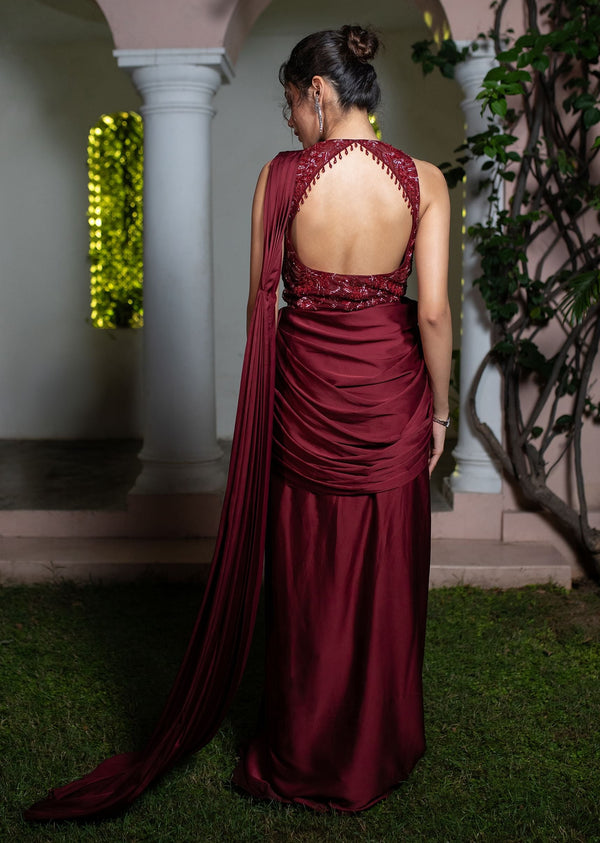 Masala Maroon Net Satin Draped Saree With Hand Embroidered Blouse