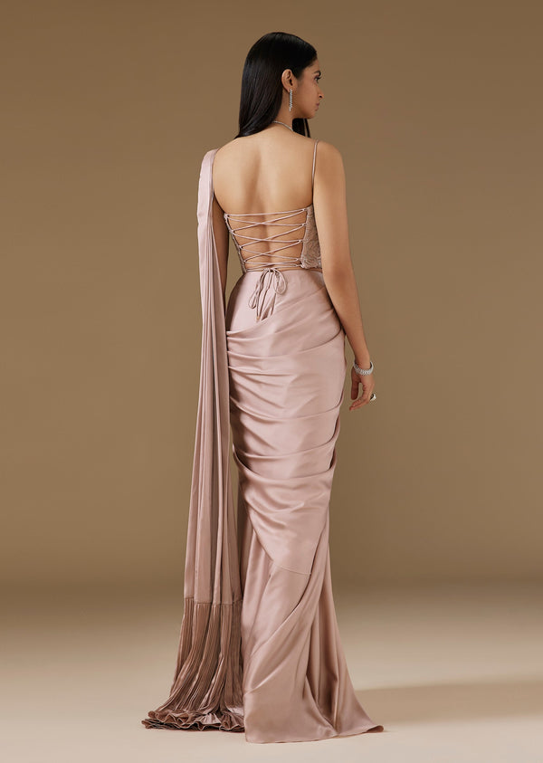 Mauve Pink Ready Pleated Saree With Embroidered Corset Blouse