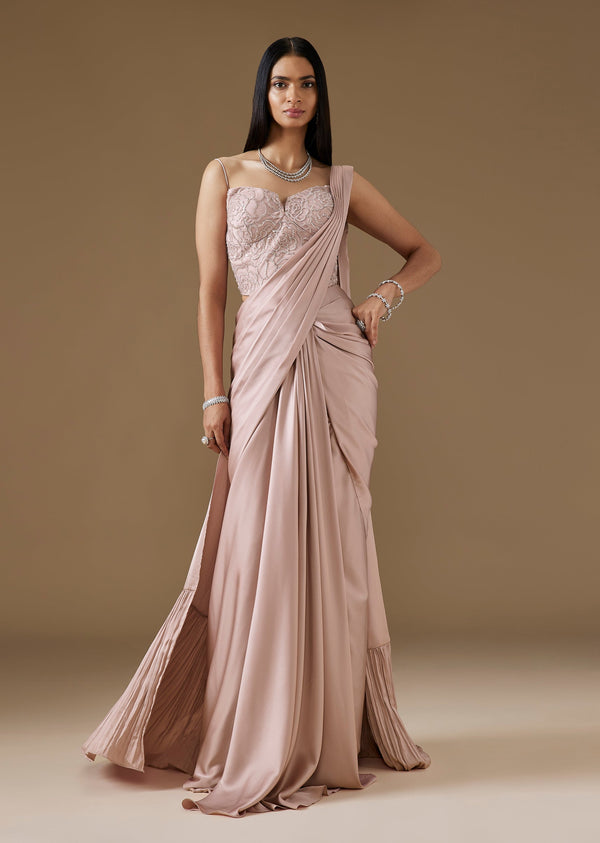 Mauve Pink Ready Pleated Saree With Embroidered Corset Blouse