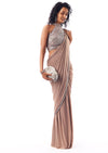 Mauve Pre Draped Saree Set With Embellished High Neck Blouse