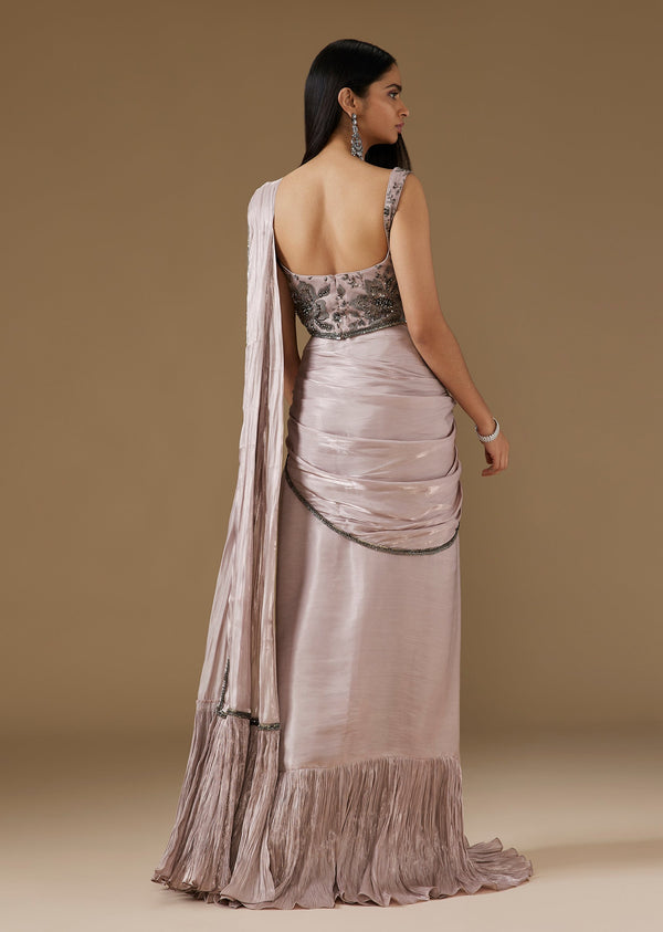 Mauve Ready Pleated Saree With Sequined Corset Blouse