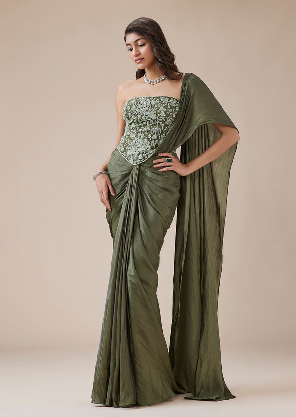 Metallic Green Ready Pleated Saree With Floral Corset Blouse