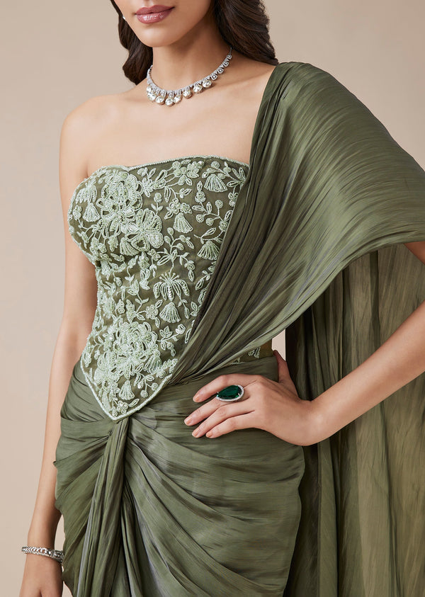 Metallic Green Ready Pleated Saree With Floral Corset Blouse