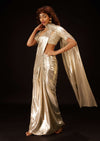 Metallic Gold Pre-Pleated Saree In Lycra With An Embroidered Blouse - DEME X KALKI