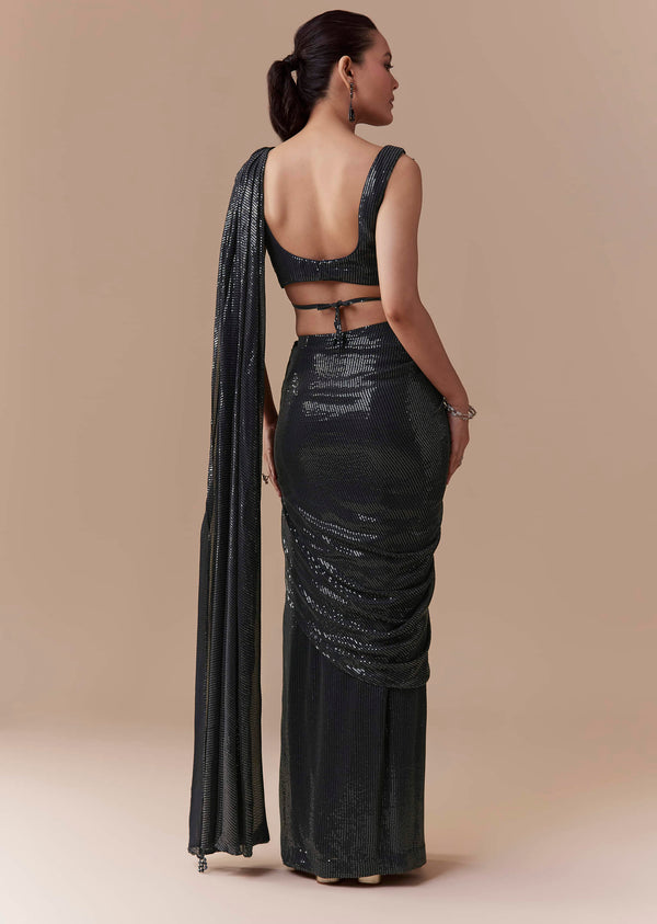 Midnight Blue Pre Pleated Saree with Sequins Blouse