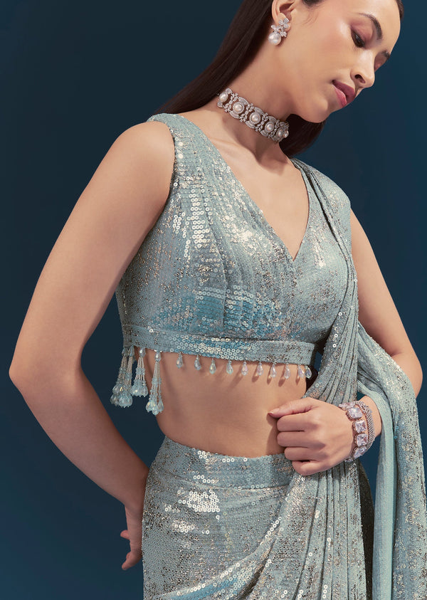 Mint Blue Ready Pleated Saree Set