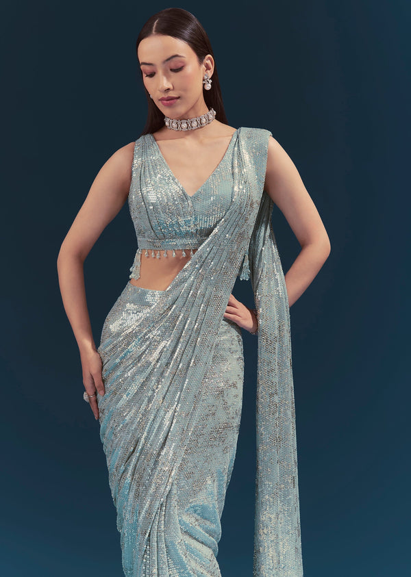 Mint Blue Ready Pleated Saree Set