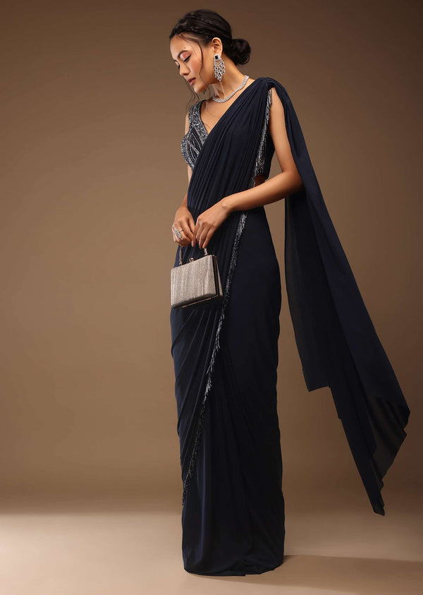 Mood Indigo Pre Drape Saree With A Crop Top In Sequins Embroidery Corset Neckline With A Tie-Up Tassel Dori At The Back