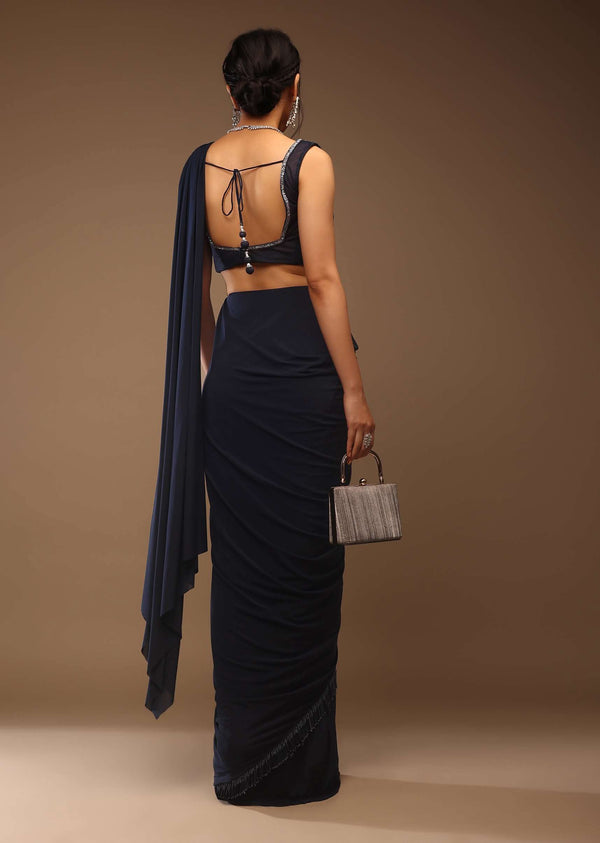 Mood Indigo Pre Drape Saree With A Crop Top In Sequins Embroidery Corset Neckline With A Tie-Up Tassel Dori At The Back