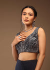 Mood Indigo Pre Drape Saree With A Crop Top In Sequins Embroidery Corset Neckline With A Tie-Up Tassel Dori At The Back