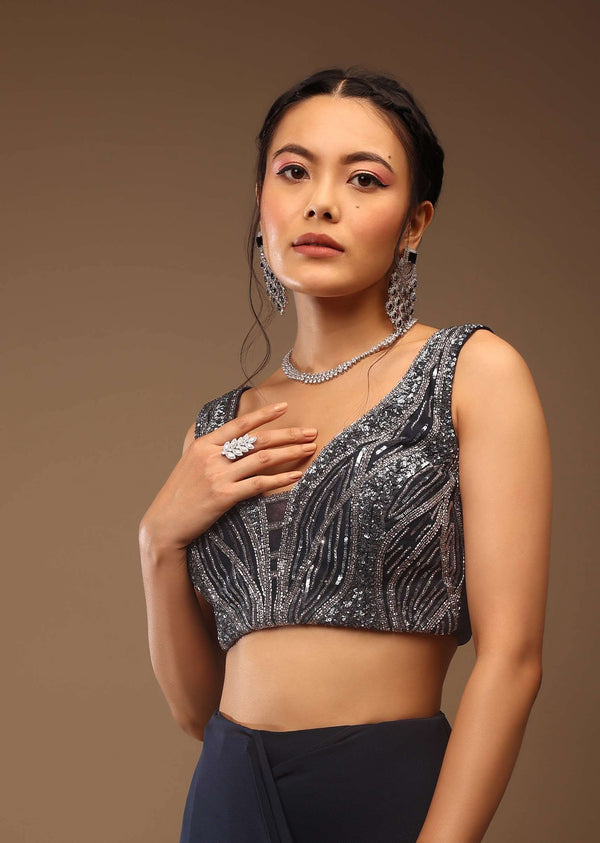 Mood Indigo Pre Drape Saree With A Crop Top In Sequins Embroidery Corset Neckline With A Tie-Up Tassel Dori At The Back
