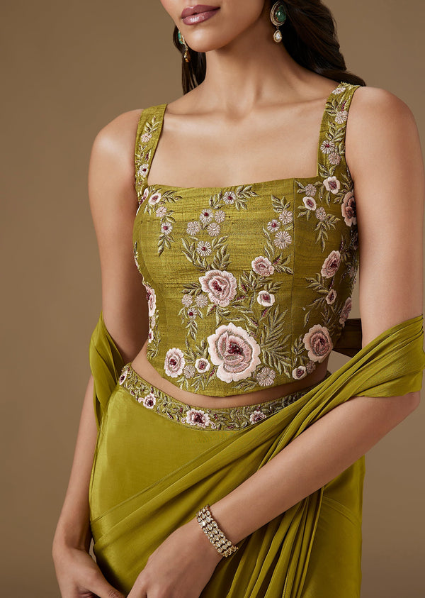 Moss Green Ready Pleated Saree With Embellished Blouse