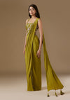 Moss Green Ready Pleated Saree With Embellished Blouse