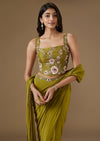 Moss Green Ready Pleated Saree With Embellished Blouse