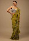 Moss Green Ready To Wear Ruffle Saree With A Heavy Sequins And Cut Dana Embroidered Crop Top