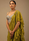 Moss Green Ready To Wear Ruffle Saree With A Heavy Sequins And Cut Dana Embroidered Crop Top