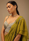 Moss Green Ready To Wear Ruffle Saree With A Heavy Sequins And Cut Dana Embroidered Crop Top