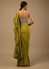 Moss Green Ready To Wear Ruffle Saree With A Heavy Sequins And Cut Dana Embroidered Crop Top