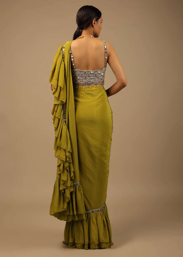 Moss Green Ready To Wear Ruffle Saree With A Heavy Sequins And Cut Dana Embroidered Crop Top
