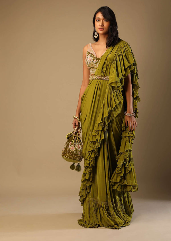 Moss Green Readymade Ruffle Saree In Crepe With Multi Colored Hand Embroidered Floral Blouse