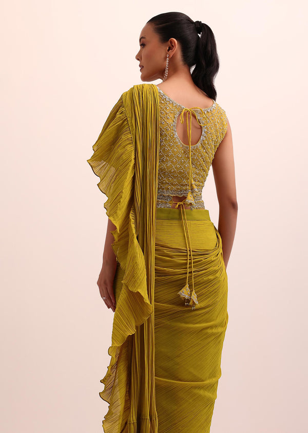 Mustard Yellow Georgette Pre Stitched Frill Saree With Embellished Blouse