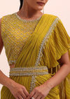 Mustard Yellow Georgette Pre Stitched Frill Saree With Embellished Blouse