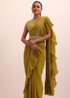 Mustard Yellow Georgette Pre Stitched Frill Saree With Embellished Blouse
