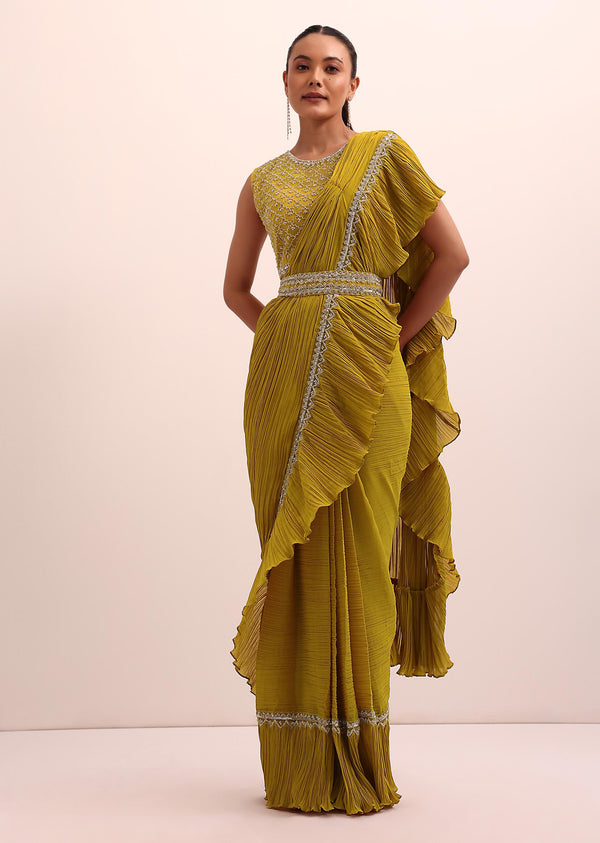 Mustard Yellow Georgette Pre Stitched Frill Saree With Embellished Blouse