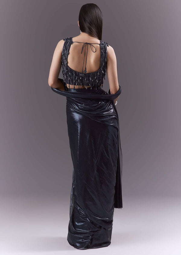 Navy Blue Imported Fabric Ready Pleated Saree With Heavy Embroidery
