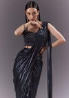 Navy Blue Imported Fabric Ready Pleated Saree With Heavy Embroidery