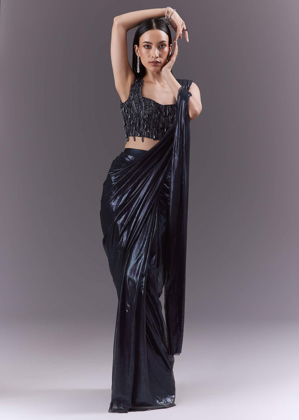Navy Blue Imported Fabric Ready Pleated Saree With Heavy Embroidery
