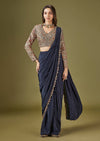 Navy Blue Printed Ready Pleated Saree With Embellished Blouse