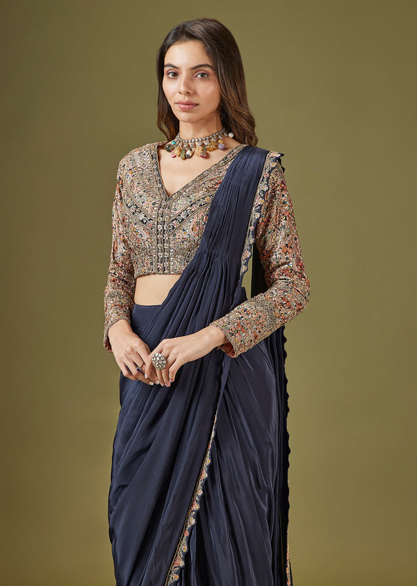 Navy Blue Printed Ready Pleated Saree With Embellished Blouse