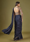 Navy Blue Printed Ready Pleated Saree With Embellished Blouse