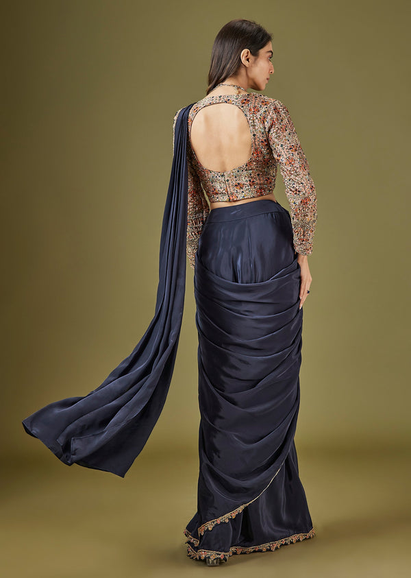 Navy Blue Printed Ready Pleated Saree With Embellished Blouse
