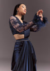 Navy Blue Satin Pleated Saree With Full Sleeve V Neck Blouse