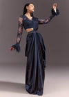 Navy Blue Satin Pleated Saree With Full Sleeve V Neck Blouse