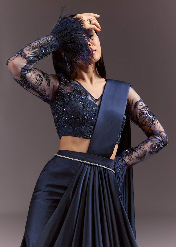 Navy Blue Satin Pleated Saree With Full Sleeve V Neck Blouse