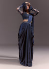 Navy Blue Satin Pleated Saree With Full Sleeve V Neck Blouse